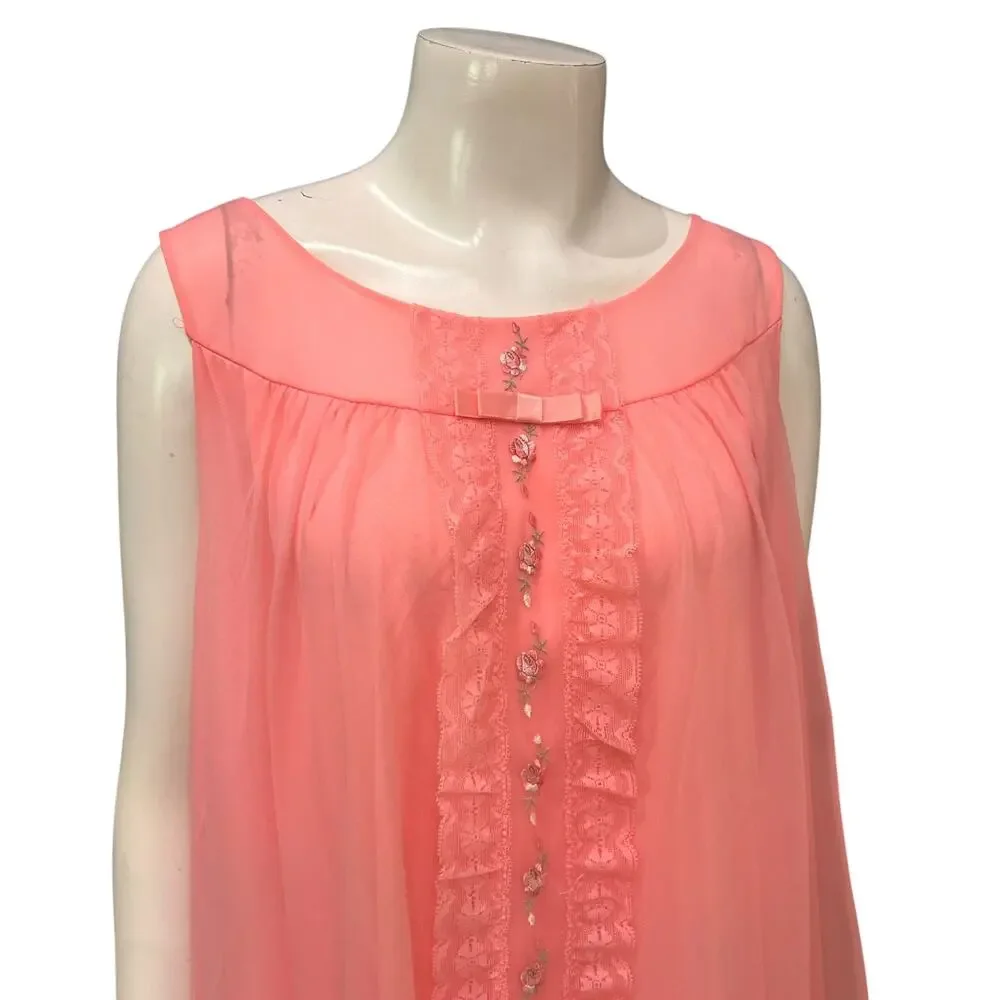 Vintage 1960s Pink Lace Nylon Floral Peignoir Robe Nightgown Set M -